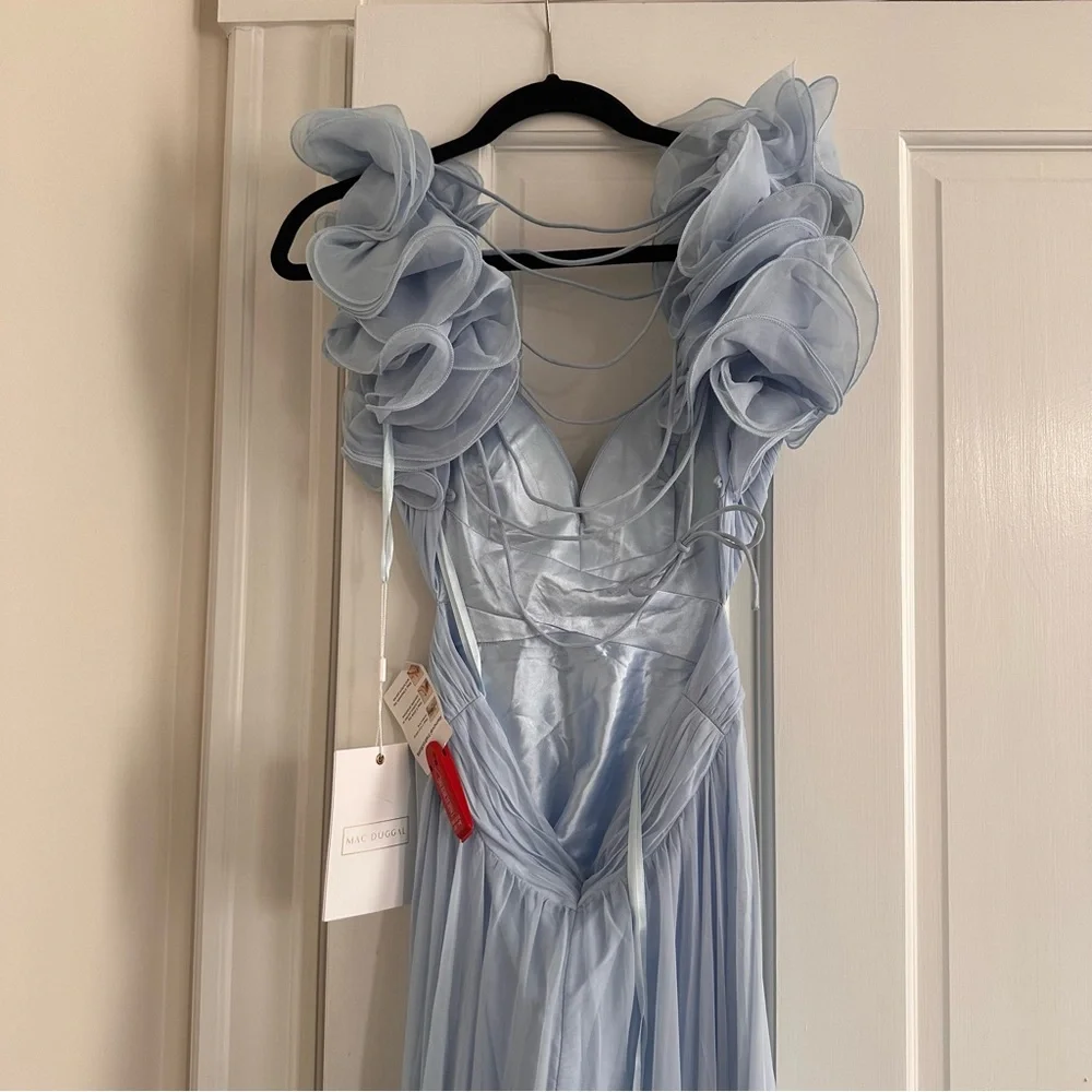 NWT Mac Duggal 67911 Light Blue Ruffle Tiered Cut-Out Chiffon Gown - Picture 5 of 7